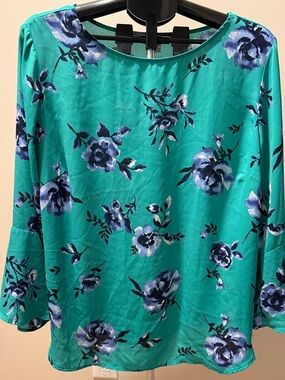 Counterparts Teal Floral Scoop Neck Blouse with Blue Flowers